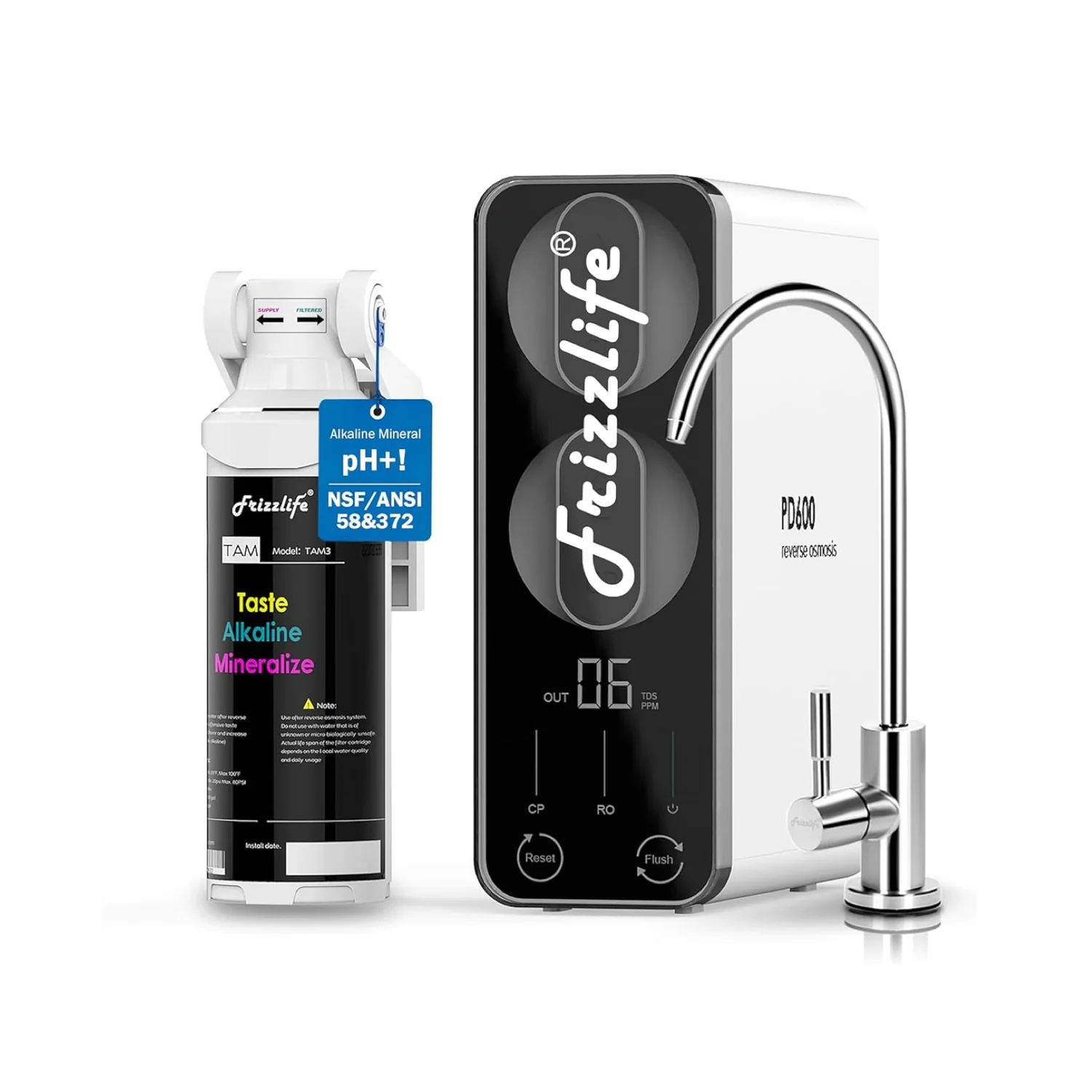 Frizzlife PD600 TAM3 tankless reverse osmosis system with TDS display showing 6 PPM, TAM3 alkaline mineral filter, and chrome dedicated faucet