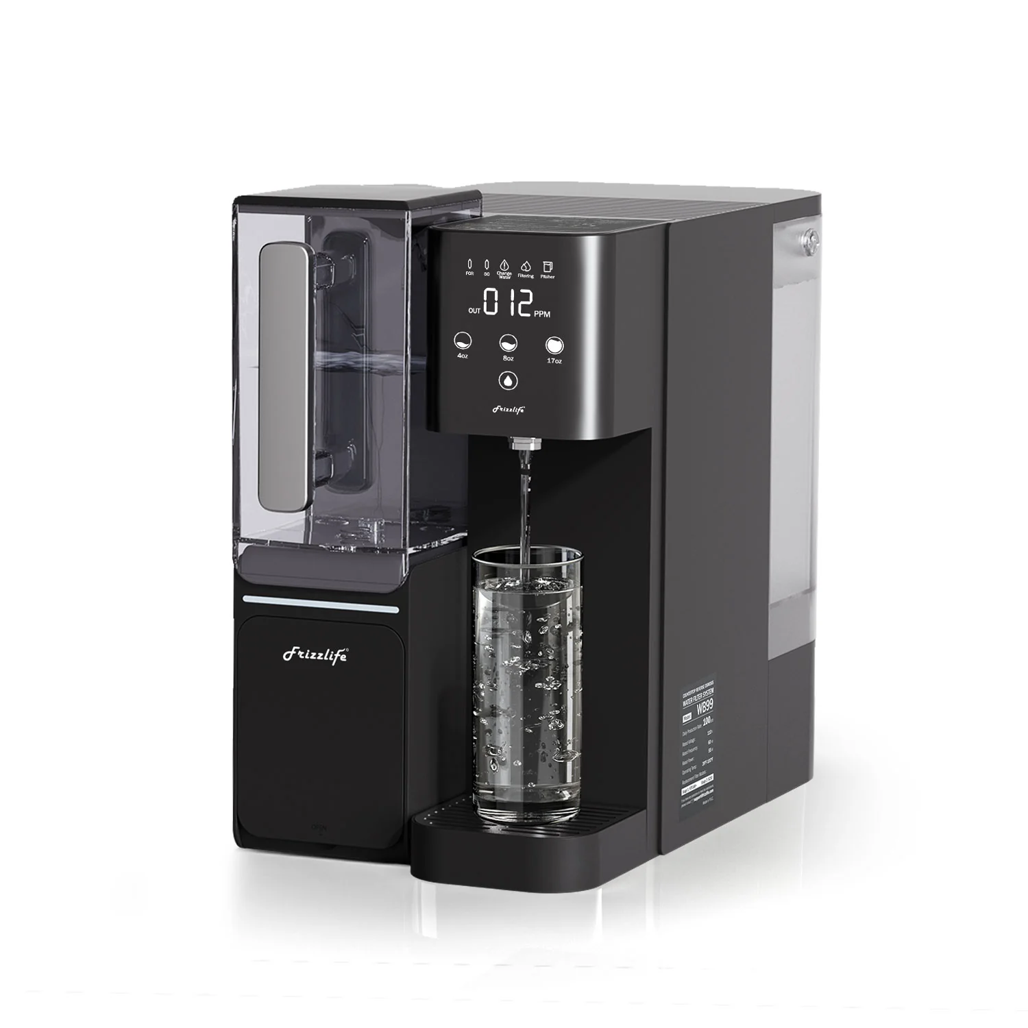 Frizzlife WB99 countertop reverse osmosis water dispenser with TDS display, preset pour sizes, and no-plumbing installation